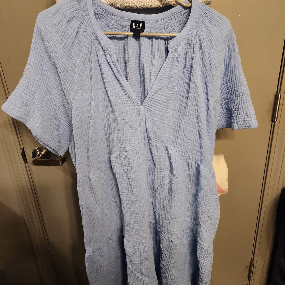 GAP Sky Blue Textured Short Sleeve Dress